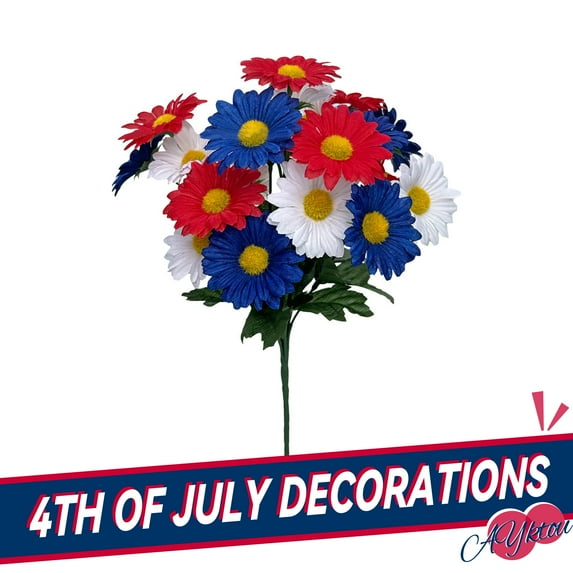 AYktou 4th of July Decorations Artificial Flowers,Red White and Blue Fake Roses Bouquet for Home Decor,Cemetery Flowers for Grave,Silk Fake Flowers for Christmas Independence Day Memorial Day Party