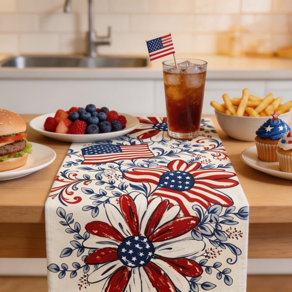AYktou 4th of July Decorations - Patriotic Table Runner, 13×71 Inch USA Flag Red White Blue Star Eagle Flowers Table Cloth, Washable Table Cover 250th Anniversary Independence Day Party Table Decor