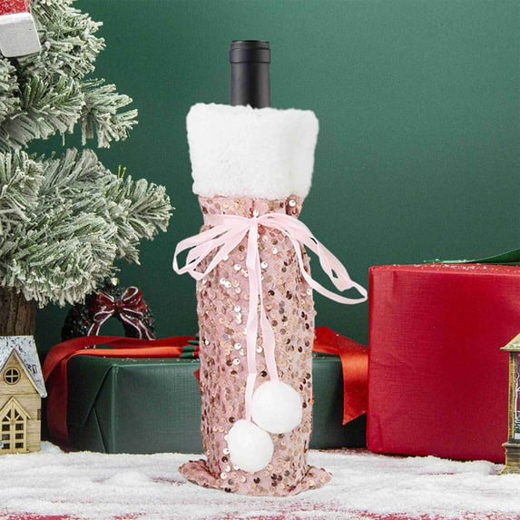 AYktou 5×4 Inch Christmas Wine Bottle Cover, Cute Red Wine Bottle Bags with Binding Strap, Sequined Storage Bag Umbrella Toys Storage, Bottle Cover for Christmas Home Party Birthday Wedding Decor