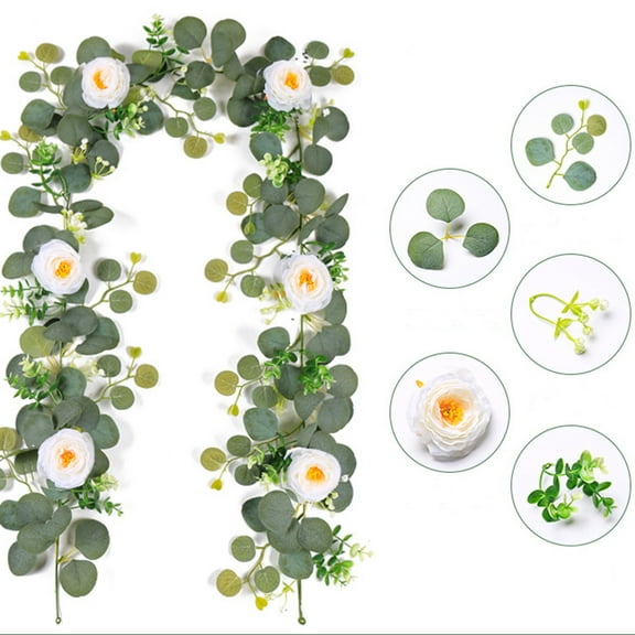 AYktou 5.91FT Artificial Flower Garland with Fake Roses,White Roses Flower Garland Floral Vines for Wedding Home Party Table Decor