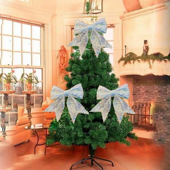 AYktou 6×5 Inch Dazzling Blue Christmas Bows, Christmas Tree Hanging Festival Gift Packaging Bowknot, Glitter Decorative Pendant Bow for Shopping Mall Layout Home Festival Decor Wedding Decoration