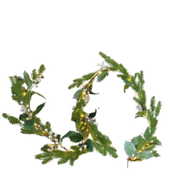 AYktou 6.6 Ft Christmas Garland with String Lights, Artificial Pines Needles Berries Hanging Vines, Battery Operated LED Lights Rattan Garlands for Xmas Tree Thanksgiving Indoor & Outdoor Decor