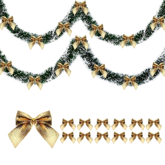 AYktou 6.6 Ft Christmas Garlands with 12 Bowknots, Christmas Tree Pull Flower Ribbon Rattan Pendant Hanging Ornament Wreath Imitation Cedar Needles Vines for Window Wall Christmas Tree Decor, Golden