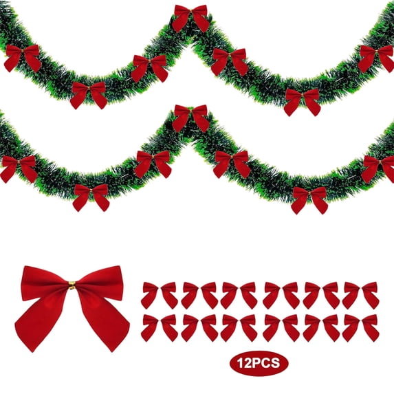 AYktou 6.6 Ft Christmas Garlands with 13 Bowknots, Christmas Tree Pull Flower Ribbon Rattan Pendant Wreath Ornaments, Imitation Green Pines Needles Vines for Window Wall Christmas Tree Decor