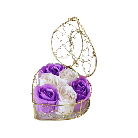 AYktou 6 Pcs Bath Soap Roses Flower and Ironwork Heart Box, Valentine's Day Exquisite Mixing Colors Soap Flower Ambiance Gift Artificial Flowers Petals Ornaments Gifts for Her Women Mom, Purple