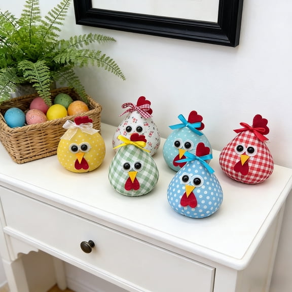 AYktou 6 Pcs Easter Chick Figurines Decoration, 4.3 Inch Desktop Ornament Round-Bellied Chicken Dolls Cute Floral Fabric Chicks Gifts for Farmhouse Spring Easter Decor Thanksgiving Xtmas Decor
