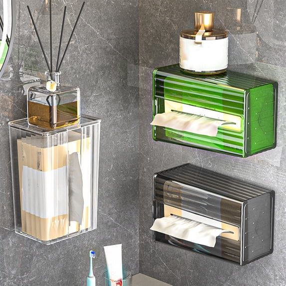 AYktou 7.4×4.9×3.8 Inch Wall Mounted Tissue Box Cover, Transparent Waterproof Tissue Holders Non-Destructive Adhesive Tissue Box Holders for Home Bathroom Living Room Kitchen Supplies