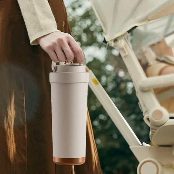 AYktou 750ml Coffee Cup Ceramic Inner Coffee Mug Straw Portable Double Drink Effectively Insulated Coffee Cup, Portable Handle Travel Coffee Mug Convenient for Travel, Fitness, Work (Beige)