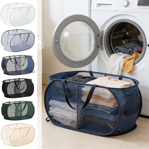 AYktou 75L/19.86Gal Foldable Laundry Basket, Collapsible 2 Compartment Mesh Laundry Hamper with Handles and Side Pocket, Clothes Washing Storage Basket for Home Travel Dorm, Blue