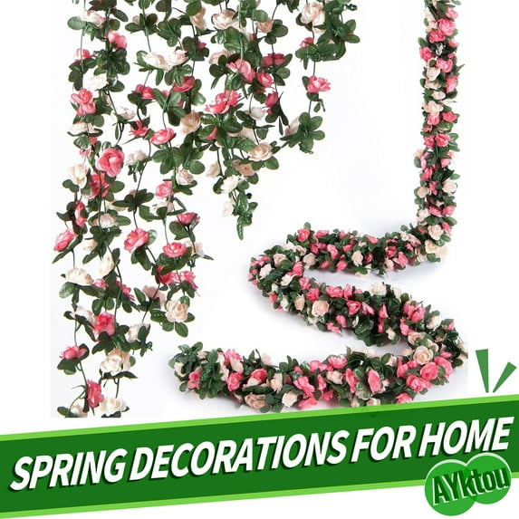 AYktou 8.04FT Artificial Flower Garland,Peony Flower Vines Hanging Silk Roses with Green Leaves for Wedding Home Garden Party Wall Decor,Spring Pink Flower,Mother's Day,Valentine's Day