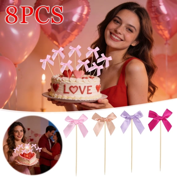 AYktou 8 Pcs Ribbon Bow Cupcake Toppers, Bowknot Cake Topper Birthday Decorations Valentines Party Bowknot Cupcake Picks Wedding Bridal Engagement Fruit Fork Snacks Display Decorations
