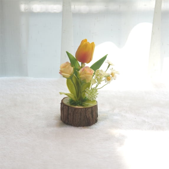 AYktou Artificial Flowers with Vase, Simulation Tree Stump Flower Pot Artificial Tulips Roses Potted Flowers, ArtificialFlowers in Vases ArtificialPlants Desktop Potted Plants for Office Home Decor