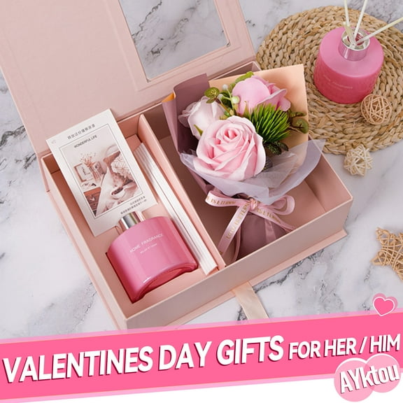 AYktou Bath Soap Rose Flower Petals Home Spa Set with Scent Diffuser,Rose Shaped Soap Petals Spa Gifts Ideas for Women Teens Mom,Valentines Day Mother's Day Birthday Girls