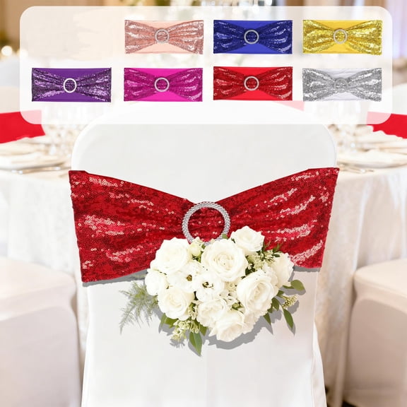 AYktou Bow Chair Sashes Chair Decor, Wedding Chair Bows Elastic Chair Band Birthday Party Chair Cover Ties with Sequins Bows, Elegant Chair Tape Christmas Holiday Party Trade Show Decoration, Red