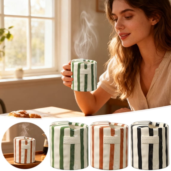 AYktou Ceramic Coffee Mug with Vintage Striped Design, 10Oz Porcelain Coffee Mug Hand-Painted Espresso Cup, Underglaze Painting Heat-Resistant Double-Enjoy Cup for Cafe, Baristas Office and Home