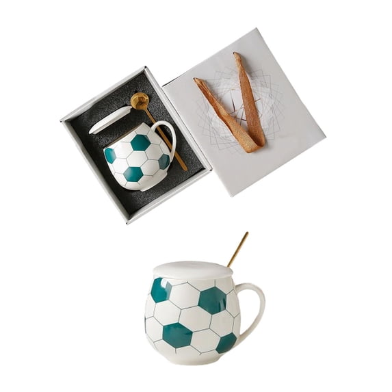 AYktou Ceramic Coffee Mugs with Lid and Mixing Spoon, 400Ml Football Shaped Coffee Cups Sports Coffee Mug Themed Gift Box Set, Comfortable Curved Handle Ceramic Mugs for Office and Home Use