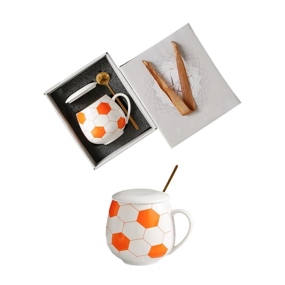 AYktou Ceramic Coffee Mugs with Lid and Mixing Spoon, 400Ml Football Shaped Coffee Cups Sports Coffee Mug Themed Gift Box Set, Comfortable Curved Handle Ceramic Mugs for Office and Home Use