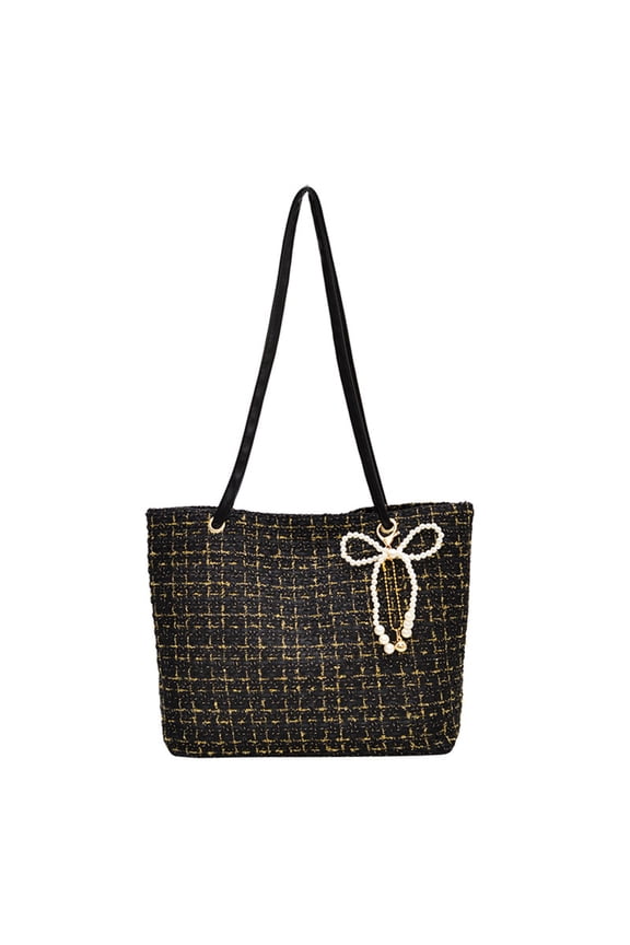 Checkered Pattern Crossbody Bags for Women, Multiple Carrying Ways Tote Bag with Beads Pendant Adjustable Shoulder Strap Casual Tote Handbag Waist Packs for Work Travel, Black