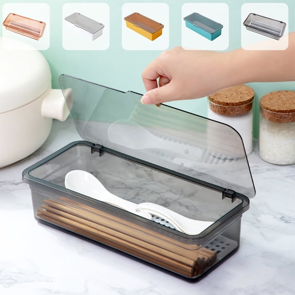 AYktou Chopsticks Storage Box, Transparent Flip Lid Chopsticks Organizers and Storage, Hairpin Storage Boxes Sootproof Drainable Kitchen Tableware Organizer for Chopsticks Spoon Knife Fork, Gray