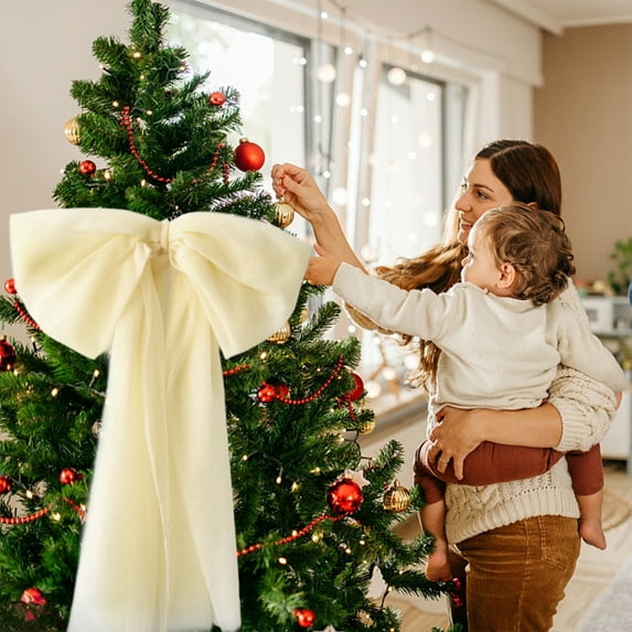 AYktou Christmas Bows, Chiffon Large Bowknot Ribbon Christmas Tree Decorations Wreath Bow for Xmas Tree Topper Home Front Door Floor-Length Mirror Decor Bow Hanging Window Beauty Scene Layout, Beige