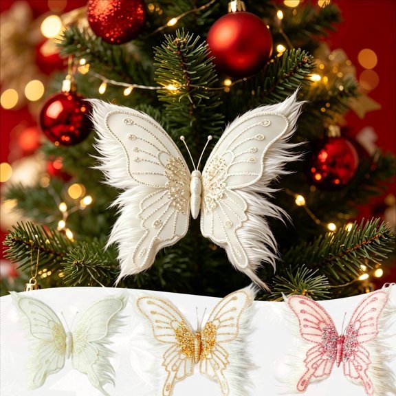 AYktou Christmas Butterfly Ornament with Clip, 7.9×6.7 Inch Artificial Butterfly Christmas Tree Decoration Clip-On Butterfly DIY Wreath/Gift, Festive Wedding Xmas Tree Home Holiday Decor