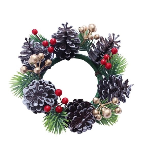AYktou Christmas Candle Holders Wreath, Artificial Flowers Berries Pinecone Candlestick Rings Wreath Pines Branches Leaves Fake Plants Rattan Wreath for Home Table Centerpiece Christmas Decoration