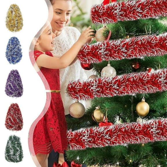 AYktou Christmas Garland, Simulated Cedar Christmas Rattan White Edge Colorful Pull Flower Garland Hanging Ornaments for Wall Hanging Staircase Fireplace Banister Christmas Tree Decoration, Red