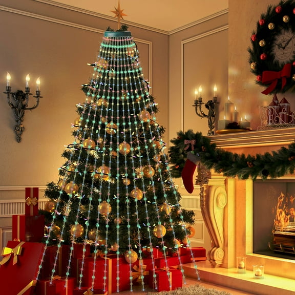 AYktou Christmas Tree Lights 6.56ft 16 Lines LED Waterfall Lights Waterproof Xmas Tree Topper Lights with Remote and USB Powered Christmas Lights for Halloween Xmas Year Holiday,Colorful