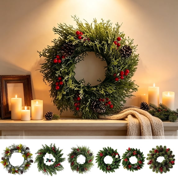 AYktou Christmas Wreaths for Front Door, 11.8 Inch Artificial Spruce Cedar Greenery Wreath with Berries Pinecones Bells, Farmhouse Holiday Winter Wreath Indoor Outdoor Xmas Home Office Wall Decor