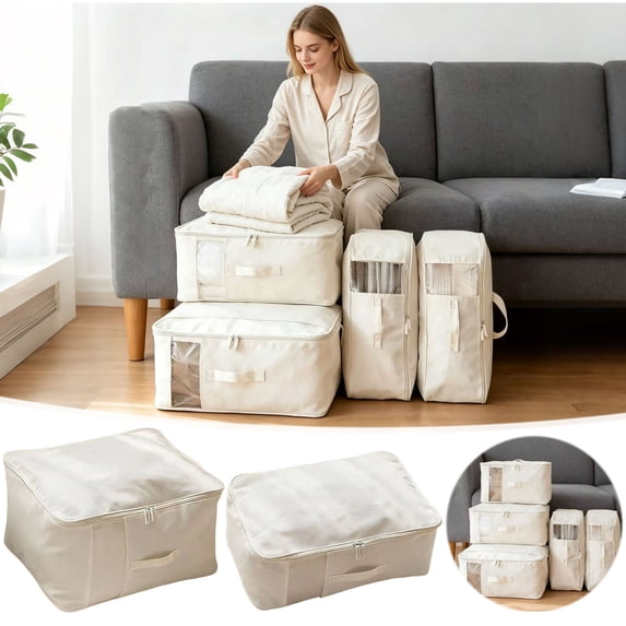 AYktou Clothes Storage Bags Organizer, Foldable Storage Containers Breathable Cotton Linen Closet Organizer with Reinforced Handles & Clear Window, Thick Container Bins for Blankets, Comforters