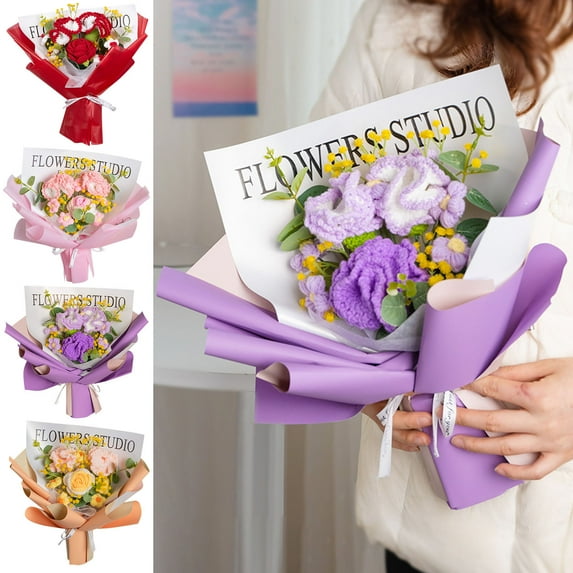 AYktou Completed Crochet Flower Bouquet,Hand-made Knitted Roses Bouquet,Crochet Artificial Flowers Forever Flowers Gifts for Mother's Day Valentine's Day Birthday Wedding Home Decor