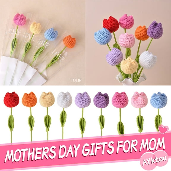AYktou Crochet Flowers - Mothers Day Gifts,1pcs Artificial Flowers Birthday Gifts for Women,Preserved Flowers Handmade Crochet Tulips Flower can DIY Bouquet,Wedding Gifts Valentine's Day Gifts