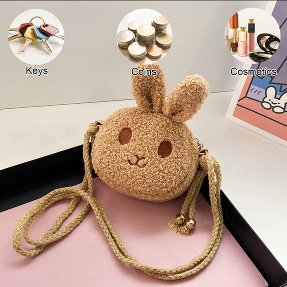 AYktou Cute Bunny Coin Purse Crossbody Bag, 4.7×3.9 Inch Plush Rabbit Wallet Crossbody Purse Easter Bunny Ears Birthday Storage Bag Small Gift Bag Portable Lovely Handbag