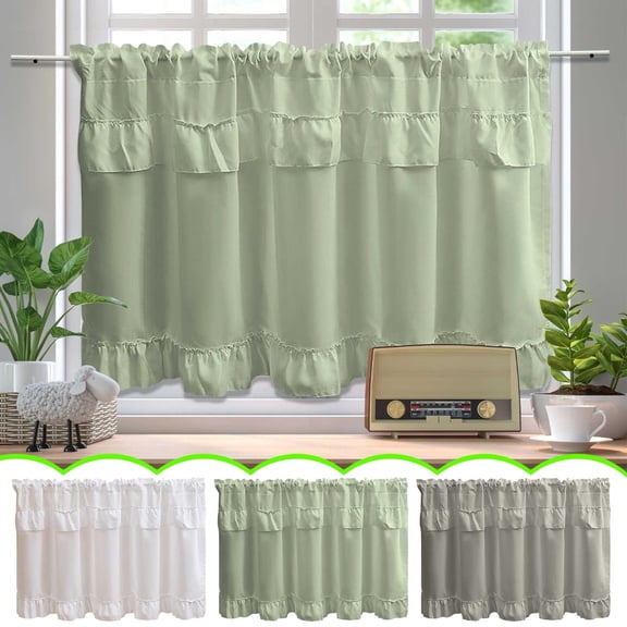 AYktou Decorative Short Curtains, 39.2×17.7 Inch Half Curtain Rod Pocket Blackout Curtains Kitchen Window Curtains Over Sink Cabinet Blocking Curtain Ruffled Half Window Tiers for Bathroom Attic
