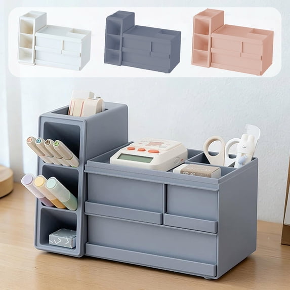 AYktou Desk Organizer with Drawers & Pen Holder, Large Capacity Stationery Storage Box Caddy Obliques Insertion Pen Bucket Multi-Section Storage Drawers for Makeup Jewelry Office Supplies