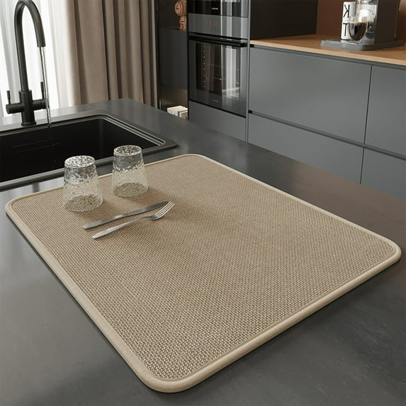AYktou Dish Drying Mat for Kitchen Counter, 16×12 Inch Non-Slip Placemat Thick Absorbent Heat Insulation Pads Imitation Linen Countertops Drainer Mat Sink Pad/ Bowl Mat/ Plates Mat, Brown