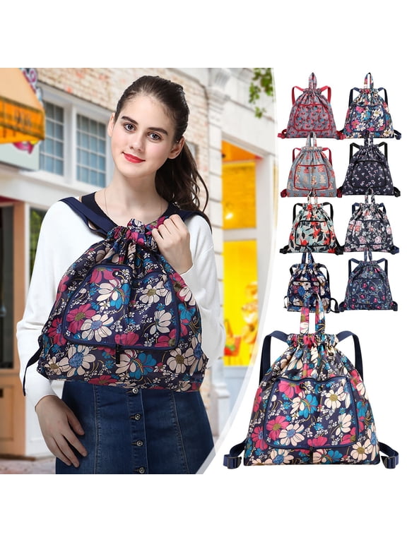 Drawstring Backpack Bag, Multifunctional Foldable Bag, Large Capacity Draw String Bags, Floral Printed Travel Bags Waterproof Drawstring Bags Sport Sackpack for Camping Hiking Gym Shopping