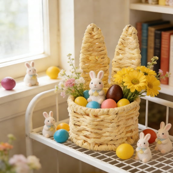 AYktou Easter Bunny Storage Baskets, 2.9×5.3In Rabbit Ears Mini Handmade Woven Easter Basket Decorative Desktop Flower Baskets Cute Hunt Egg Organizer for Cookies Eggs Stationery Home Decor, Yellow