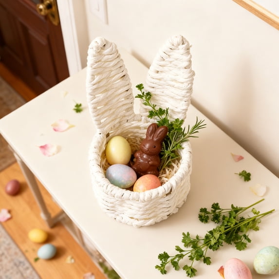 AYktou Easter Bunny Storage Baskets, 2.9×5.3In Rabbit Ears Mini Handmade Woven Easter Basket Decorative Desktop Flower Baskets Cute Hunt Egg Organizer for Cookies Eggs Stationery Home Decor, White