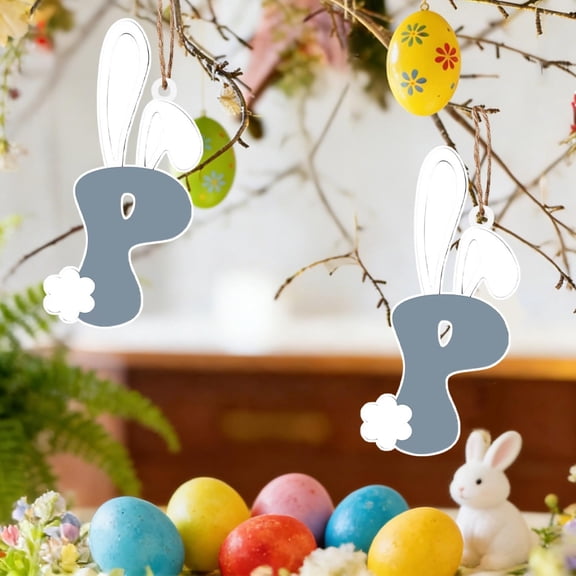 AYktou Easter Bunny Wooden Letter Hanging Ornaments, 2×4 Inch Cute Rabbit Ears Letter Signs A-Z Pendants DIY Name/Word Easter Decor Xmas Tree Ornament Wooden Gift Tags for Birthday Spring Layout