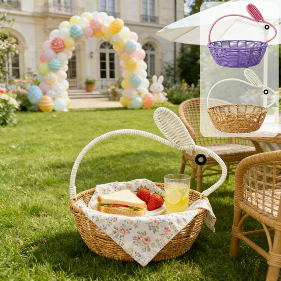 AYktou Easter Bunny Woven Baskets, Imitation Rabbits Handle Weaving Storage Basket Chicken Easter Egg Handbasket Multi-Purpose Gift Basket Egg Hunt & Flower Basket for Picnic Sundries, White