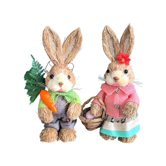 AYktou Easter Decorations-2pcs Standing Straw Rabbit Rustics Easter Bunny Figurines with Carrot/Flower/Eggs Spring Decor for Home Farmhouse Office Kitchen Tabletop Ornament