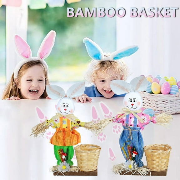 AYktou Easter Decorations Bunny,12.4" Straw Bunny Figurine Tabletop Decor,Bunny Couple Statue with Carrot Eggs,Sisal Rabbits Spring Decor Centerpiece for Home Table Office Kitchen Farmhouse