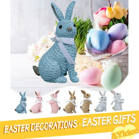 AYktou Easter Decorations-Rattan Bunny Easter Gifts for Kids,Spring Decor Easter Bunny Figurines Resin Ornaments for Home Farmhouse Tabletop