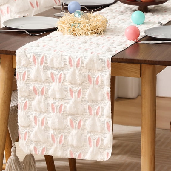 AYktou Easter Table Runners, 13×91.7 Inch Cute Easter Bunny Table Flag Easter Cheese Cloth Plush Rabbit Spring Tablecloth for Birthday Party Easter Decor Wedding Table Centerpiece Home Decor