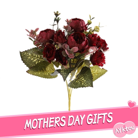 AYktou Fake Peony Artificial Flowers Burgundy Silk Roses Flower Bouquet for Wedding Party Decorations Valentines Day Decor