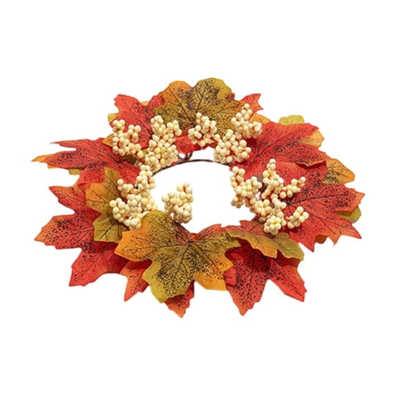 AYktou Fall Candle Rings, 11 Inch Artificial Maple Leaves Berries Pumpkin Wreath Candlestick, Thanksgiving Table Decor Farmhouse Candle Holder Halloween Gift for Front Door Festival Home Decor