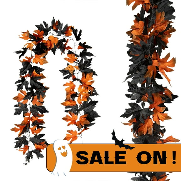 AYktou Fall Garland 68.89in Artificial Fall Maple Leaf Garland Rattan Hanging Maple Leaf Orange Black Garland Indoor Home Halloween Christmas Thanksgiving Party Mantel Decoration