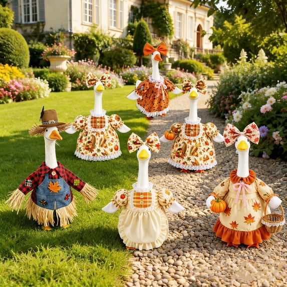 AYktou Fall Porch Goose Statue Outfits, Maple Leaf Accent Floral Dress and Bonnet Set for 23" Cement Goose, Cute Porch Goose Clothes Thanksgiving Yard Goose Costume for Holiday Lawn Garden Decor