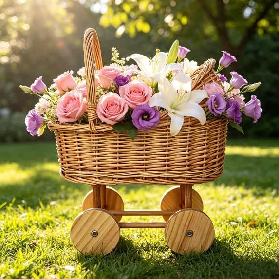 AYktou Faux Wicker Carriage Flower Basket, Vintage Imitated Rattan Weave Handcart Handcrafted Storage Basket Fruit Basket, Decorative Cart Storage with Handle for Floral Arrangement Wedding Festival
